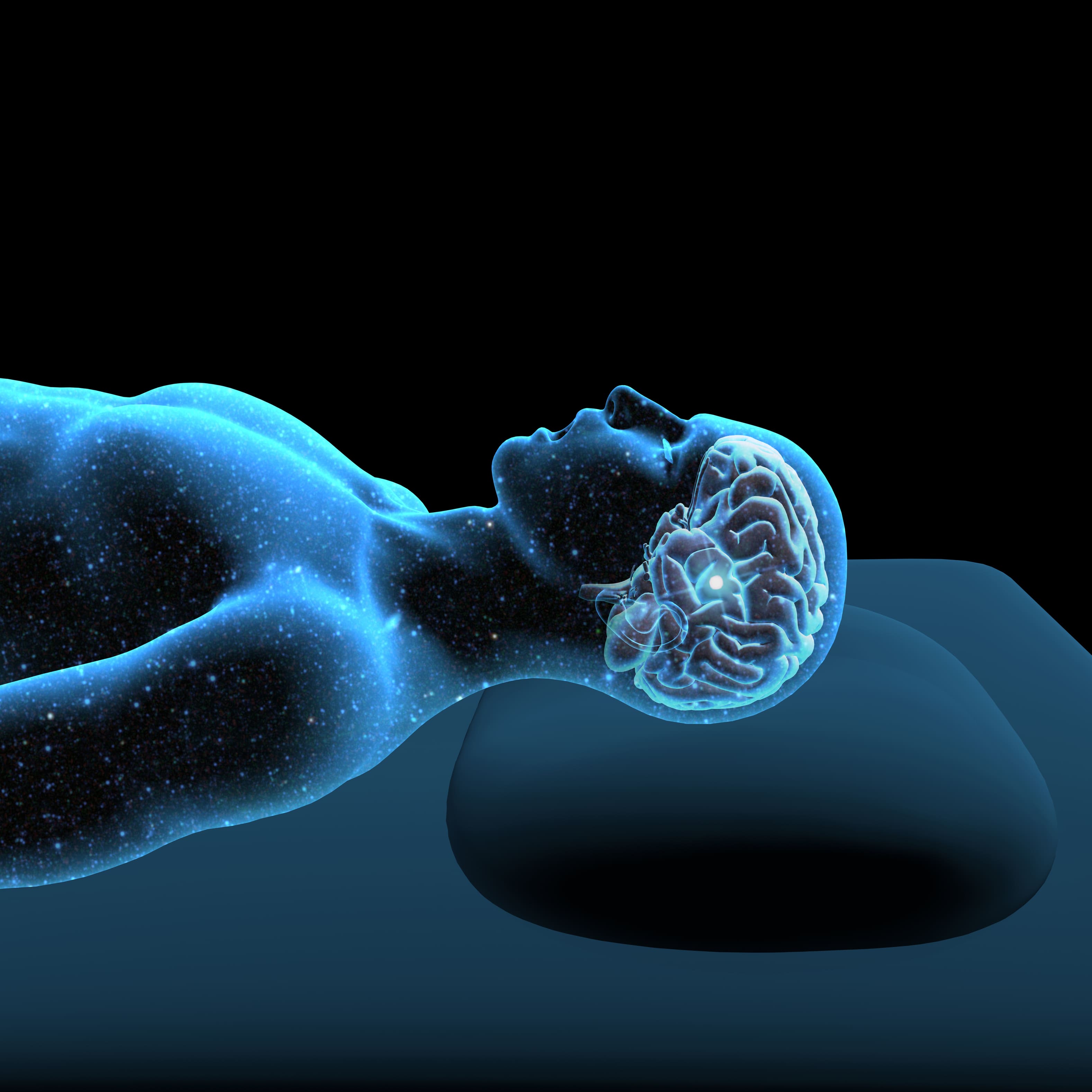 transparent view of person laying down with xray shot of brain to show what's working as you sleep