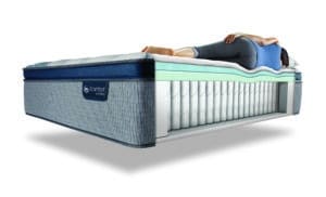 Tempur pedic cut out of mattress showing inner springs and memory foam layers. Woman laying on top.