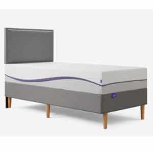 Purple mattress on a bedframe