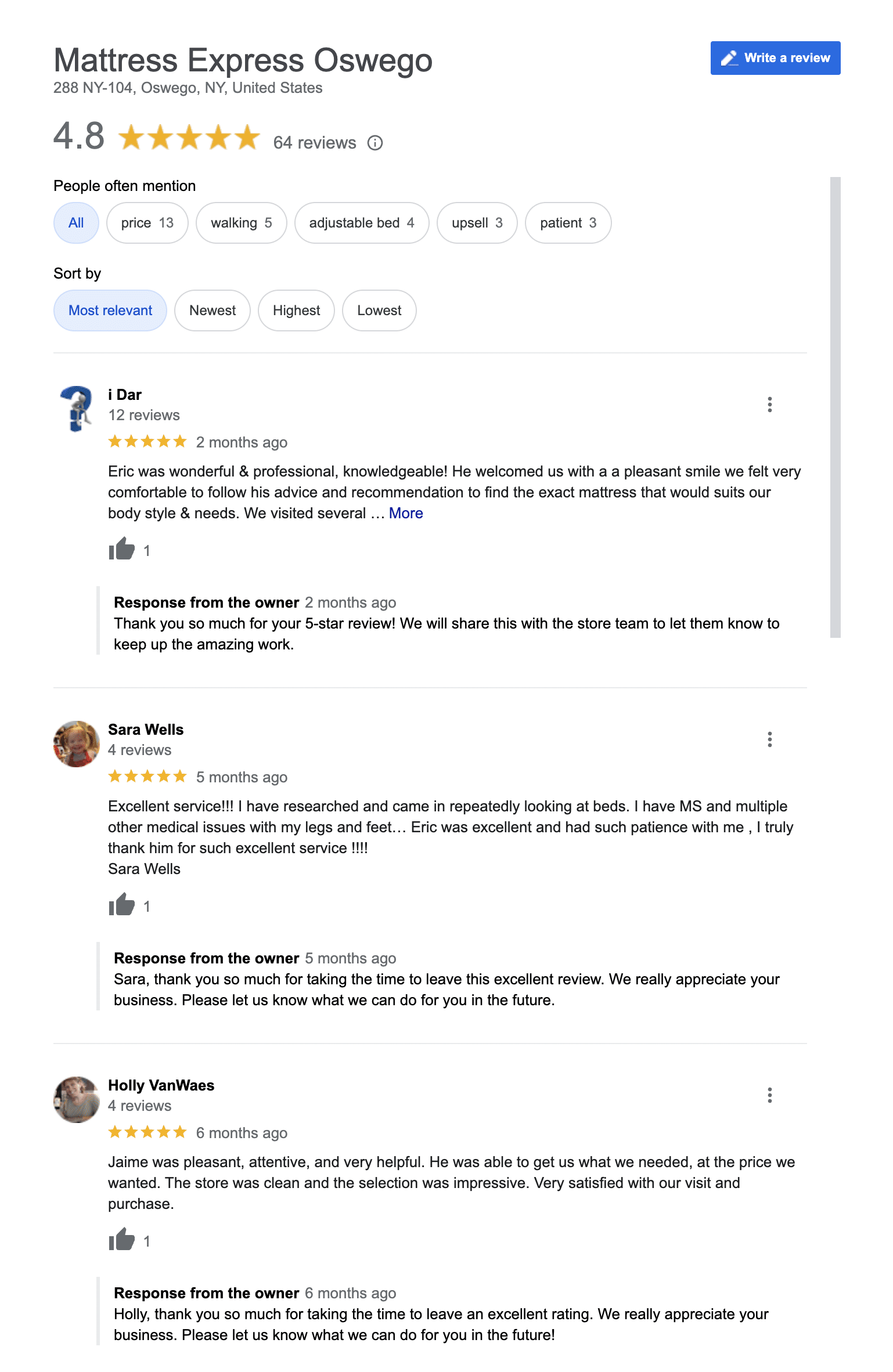 Google Reviews of Mattress Express Oswego